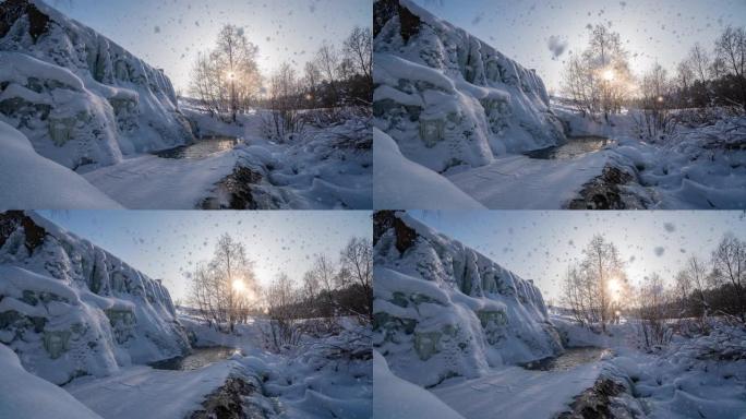 美丽的降雪和冬季景观，冬天太阳穿过一棵树的运动，冰冻的瀑布，4k，时间流逝