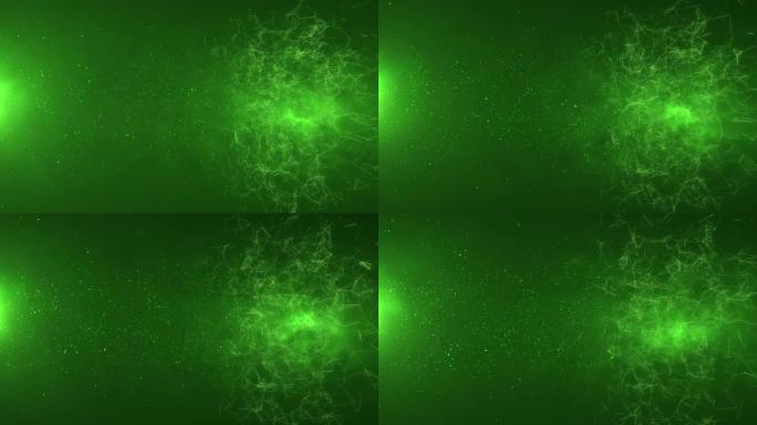 来自连通丛的抽象球体。几何绿色背景，带有移动的线、点和三角形。科学技术背景，具有天空和太空中的恒星粒