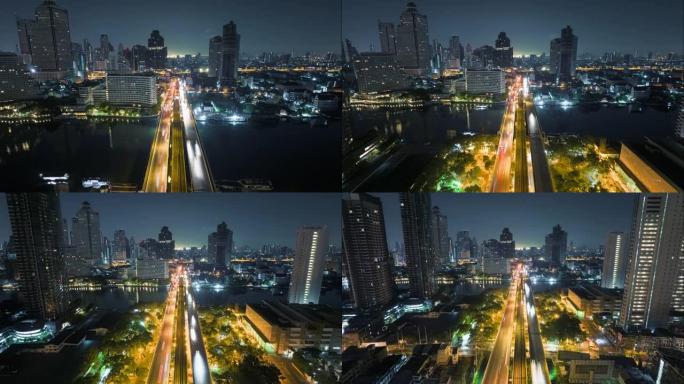 空中无人机超延时日出曼谷超披亚河公路和地铁天空列车上交通车灯的场景
