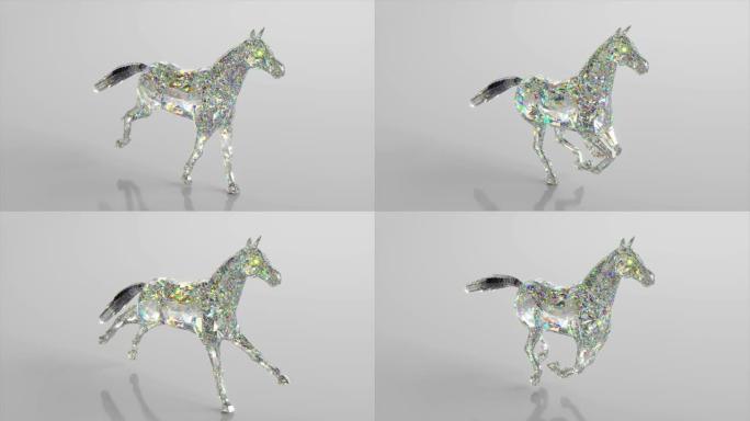 钻石马在跑。自然和动物的概念。低聚。白色。无缝循环的3d动画