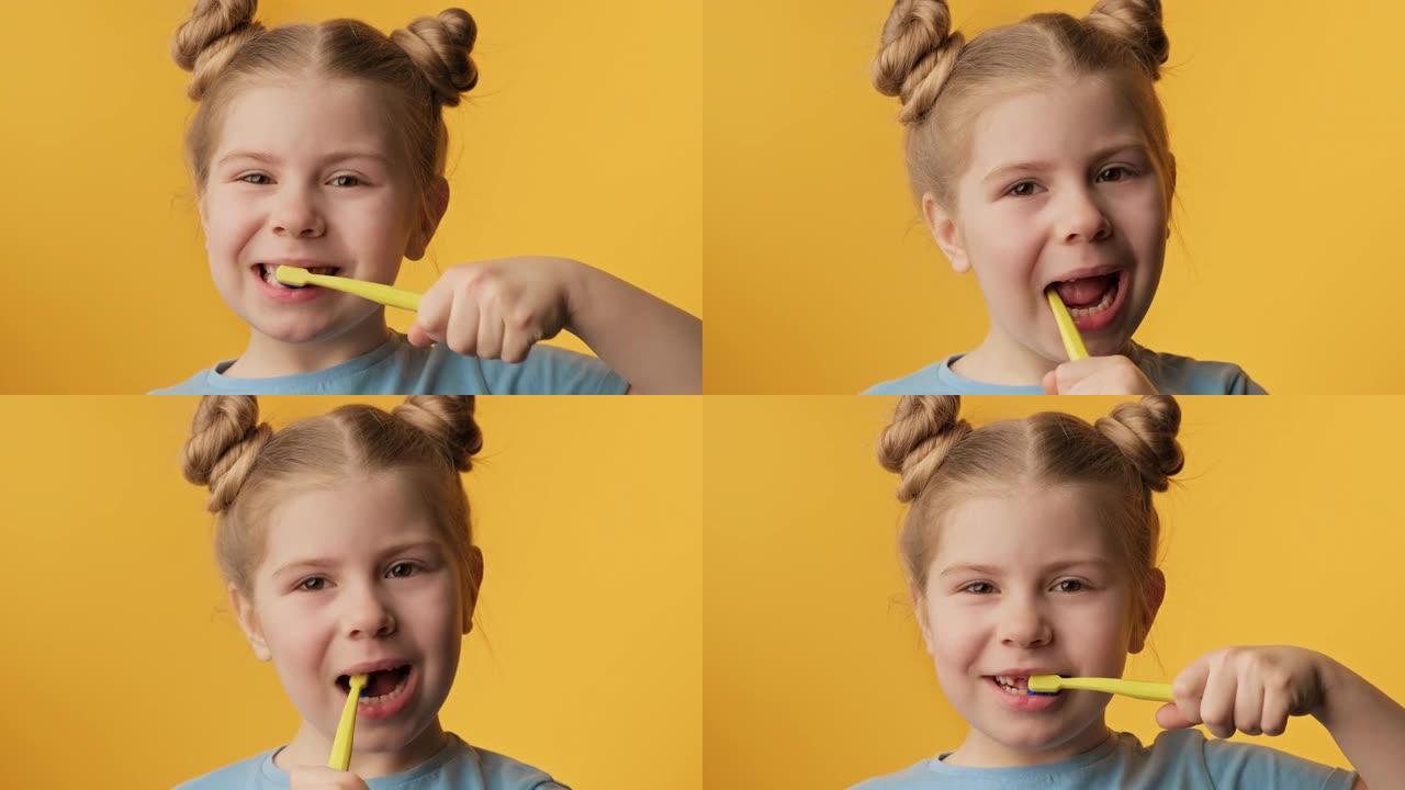 黄色背景下的女孩刷牙。儿童日常保健程序。