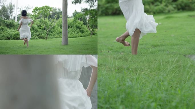 L白裙美女光脚草地奔跑唯美意境爱情素材