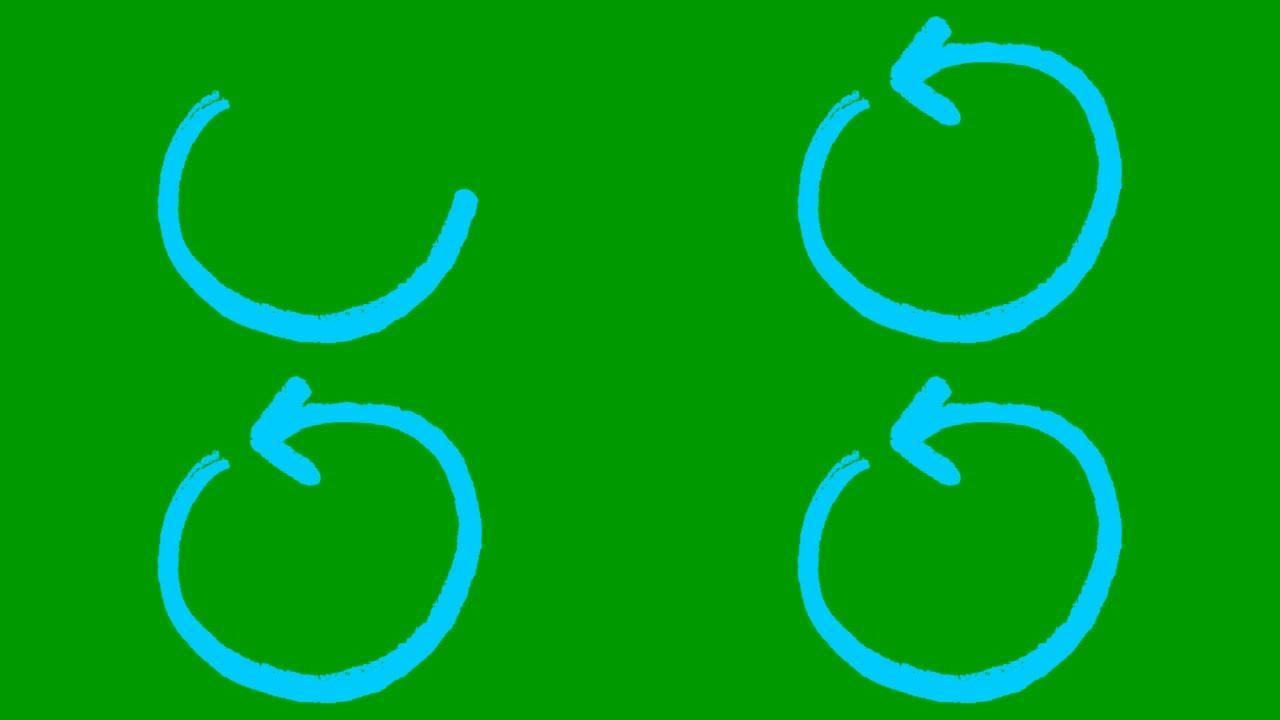 圆圈箭头的动画图标。蓝色符号。手绘矢量插图孤立在绿色背景上。