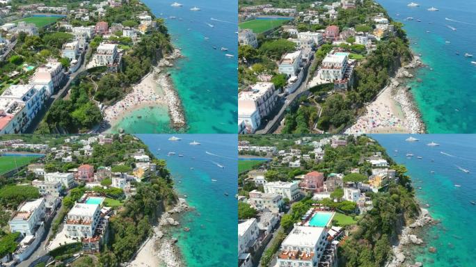 意大利卡普里岛: 那不勒斯附近著名的意大利岛屿的鸟瞰图，北部地区滨海格兰德，清澈的绿松石海水和海滩