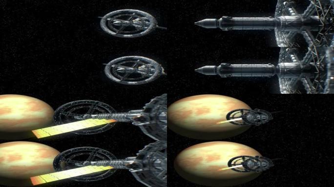 金星任务。垂直变形立体对，大飞船的3d动画。行星的纹理是在图形编辑器中创建的，没有照片和其他图像。