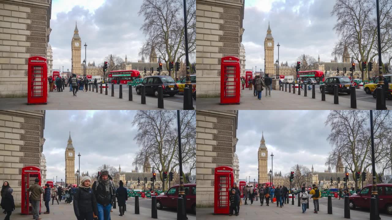 大本钟、电话亭、温斯顿·丘吉尔雕像和英国伦敦的威斯敏斯特大教堂，通过缩放、平移的时间推移