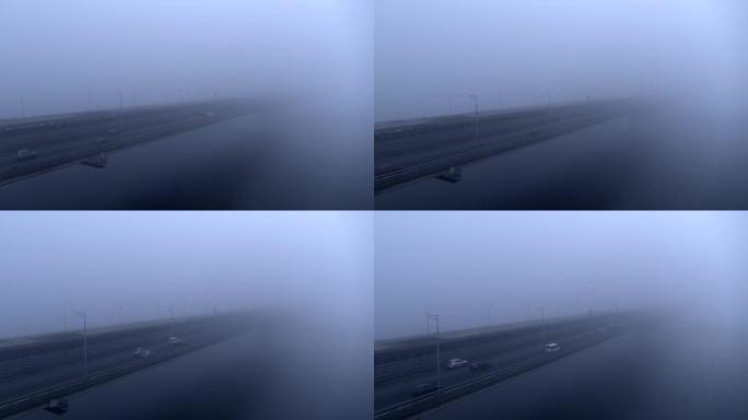 雾城交通中的桥梁鸟瞰图