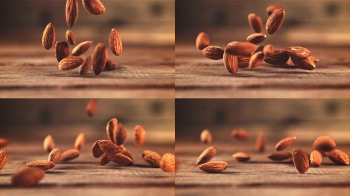 杏仁落在桌子上。以1000 fps的高速相机拍摄。
