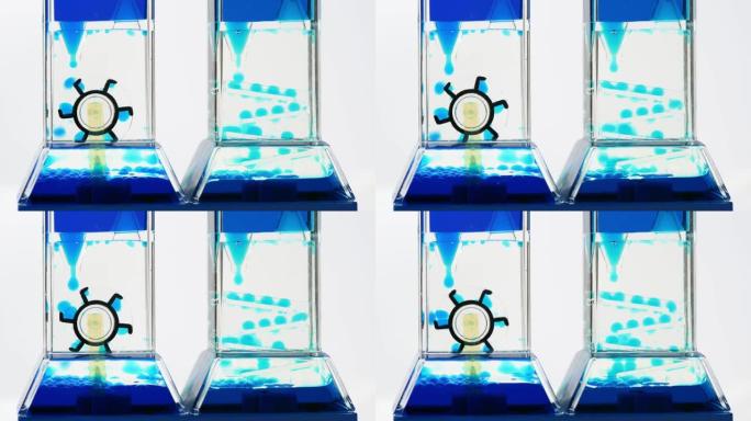 复杂蓝色流体沙漏机，时间流概念，液体滴，下落抽象，物体特写，没人。时间耗尽，流体和液体物理，移动机械