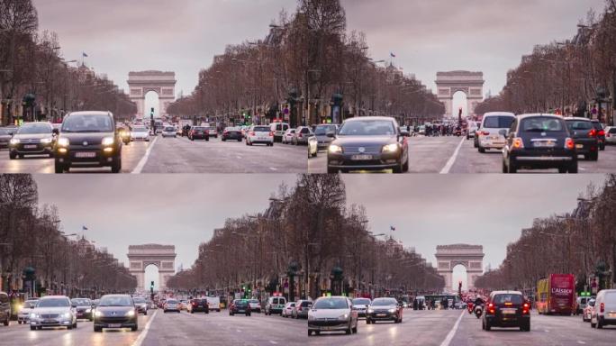 凯旋门，胜利拱门，巴黎法国4k时间推移，平移，放大和放大