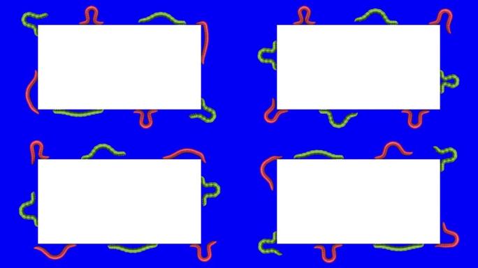 白色矩形上的毛虫和蠕虫，循环3D动画