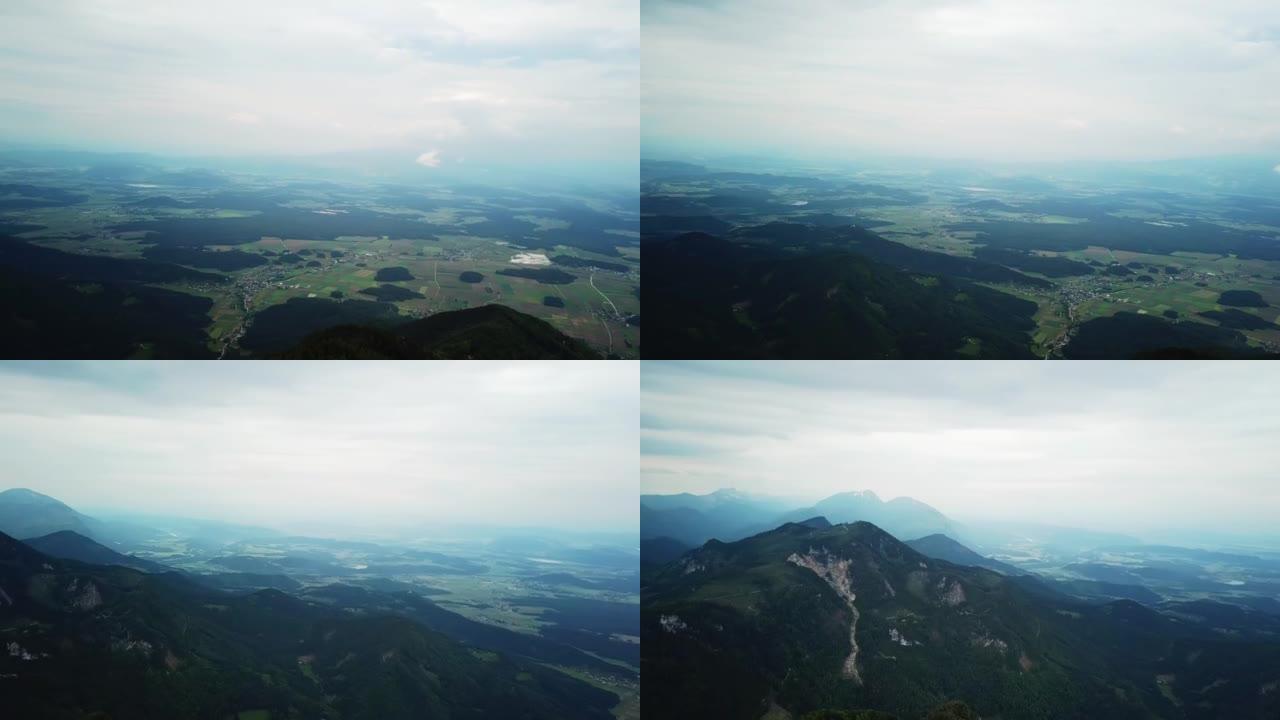 奥地利卡林西亚卡拉万克斯的Hochpetzen鸟瞰图。山谷和周围群山的全景。阴天。与斯洛文尼亚接壤。