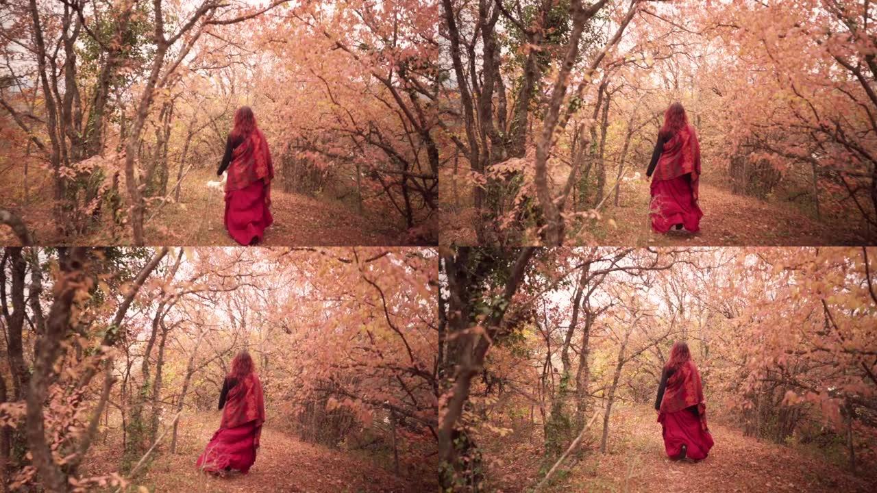 神秘的红发女人穿着华丽的红色裙子在金色的树林中漫步
