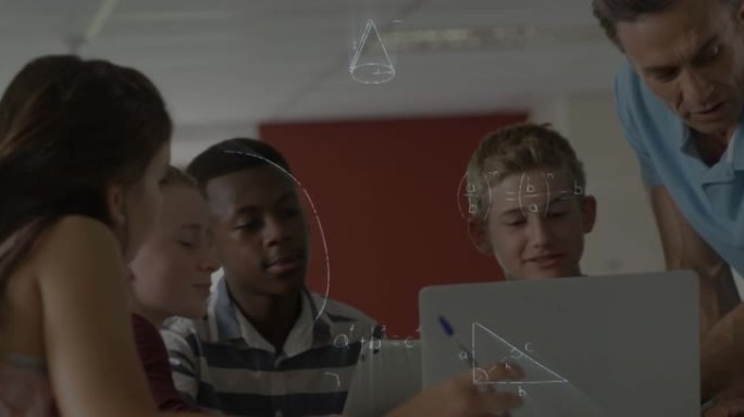 在教室中使用笔记本电脑对男老师和学童进行数学方程式的动画