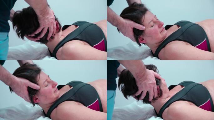 男性脊医整骨术治疗女性患者颈部疼痛。颈椎的物理治疗和治疗。