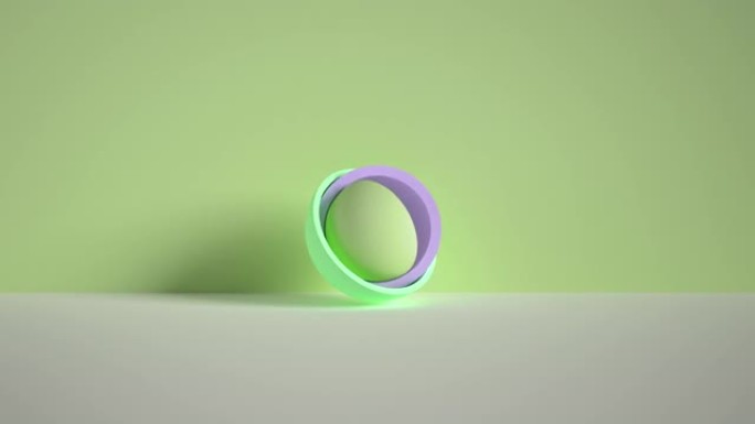 3d最小运动设计，球隐藏在彩色半球内，层开放。简单的几何物体，绿色背景上孤立的原始形状。现场形象，现