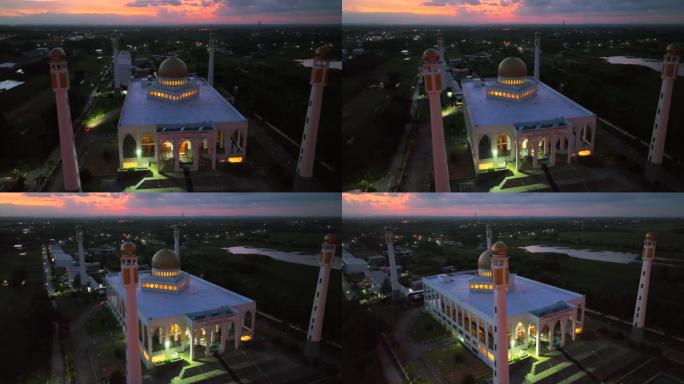 泰国颂卡省哈堤艾区颂卡中央清真寺的无人机夕阳美景