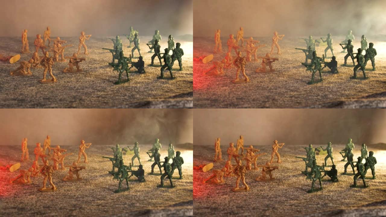 烟雾笼罩着一个假想的战场，上面满是闪烁着红光的玩具士兵