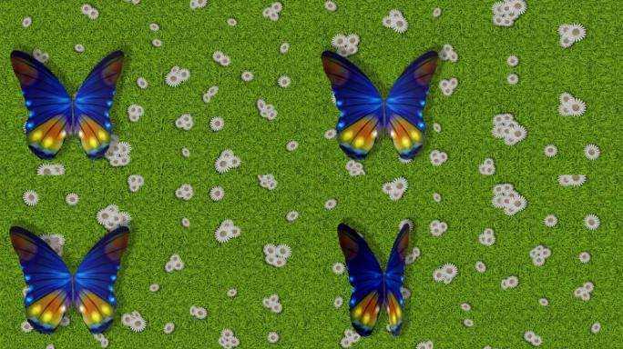 春夏。绿色草地花蝴蝶-电影。3D插图。