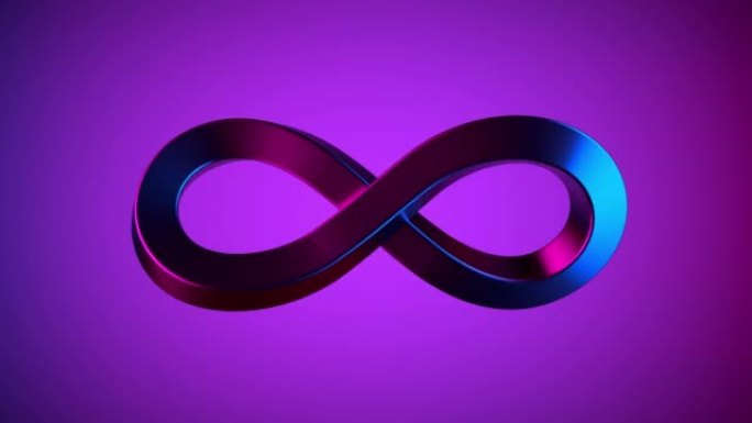 紫色背景上的无限霓虹灯标志。紫外光谱、量子能量、粉蓝紫色。财经、社交媒体、演示、设计模板元素。无缝循
