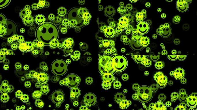 笑脸社交媒体动画4k图标在黑屏上飞出绿色黄色