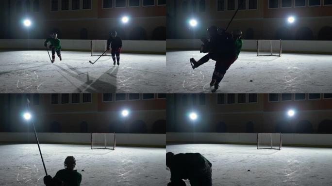 两名身穿制服，戴着曲棍球棒的头盔的男子在冰场上滑冰并相互碰撞。职业曲棍球运动员在带有聚光灯的黑暗溜冰