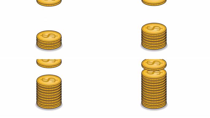 提高黄金硬币堆叠在白色背景和增长硬币图表信息图表利润统计动画与箭头。省钱和经济理念。3D动画。