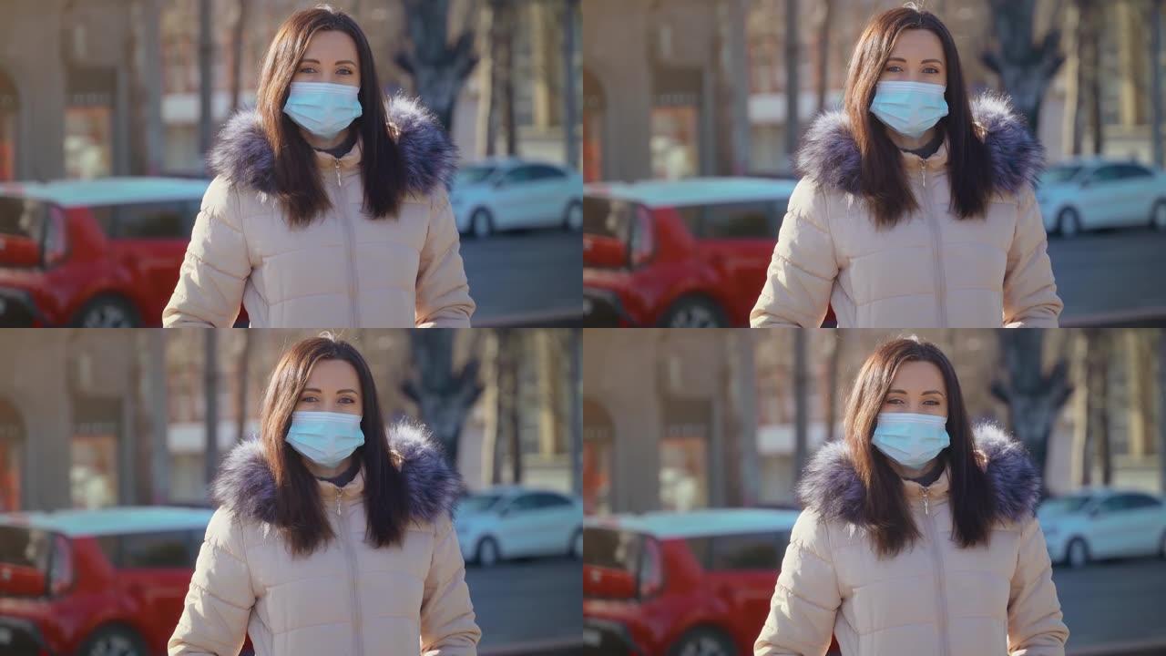 前瞻:白天，一名留着黑色长发的女子站在城市街道上，戴着口罩，以抵御空气污染和冠状病毒