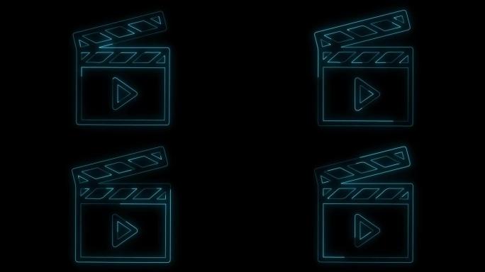 发光霓虹灯线电影拍板图标孤立在黑色背景上。电影拍板。电影制作或媒体行业。