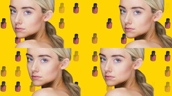 白种人美女对黄色背景上的多重指甲油图标的合成视频