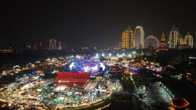 西双版纳湄公河六国水上市场夜景航拍