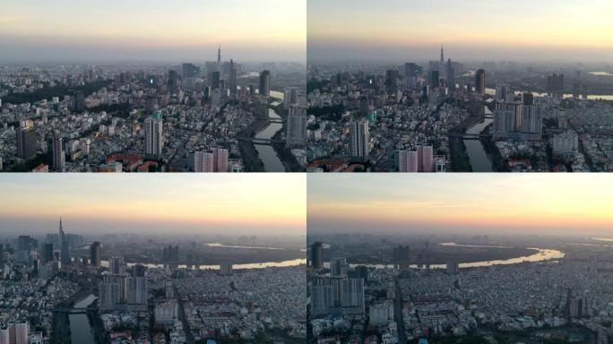 越南胡志明市在春节假期日出时2022年2月4k空中炒作市区天际线视频