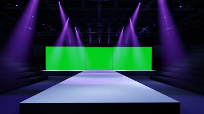 Motion空舞台设计，用于模型和企业标识，显示。舞台绿色屏幕在大厅。空白屏幕用于图形资源。场景事件