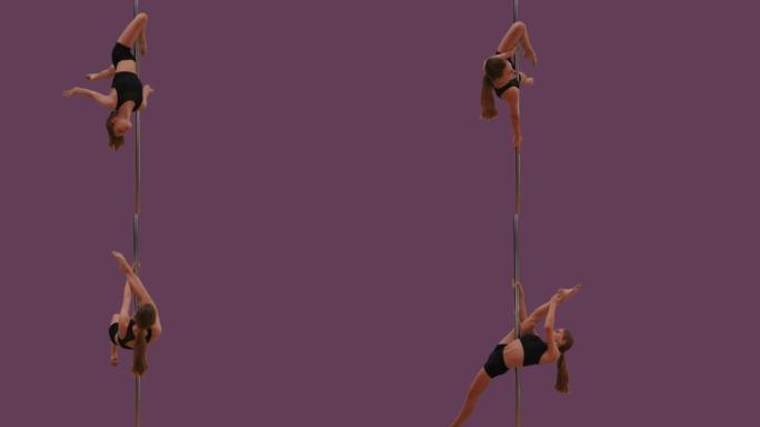 年轻的体操运动员在钢管上表演不同的体型