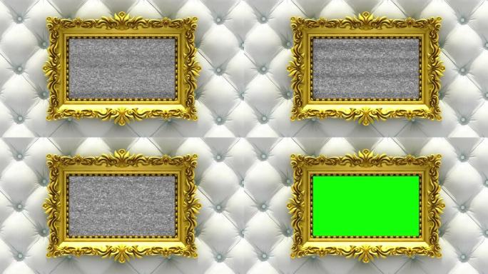 背景上的白色豪华室内装潢。电视噪音和绿色色度键以华丽的金色相框在屏幕上播放。3D动画介绍。