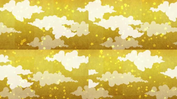 跳舞樱花和云彩的动画，背景图像，金色背景