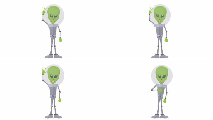 外星人。一个绿人问候和挥手的动画。卡通