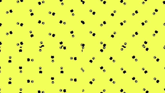 黄色背景上黑色猫头和爪子的彩色图案。猫爪和脸无缝图案。动物轮廓。4k视频运动