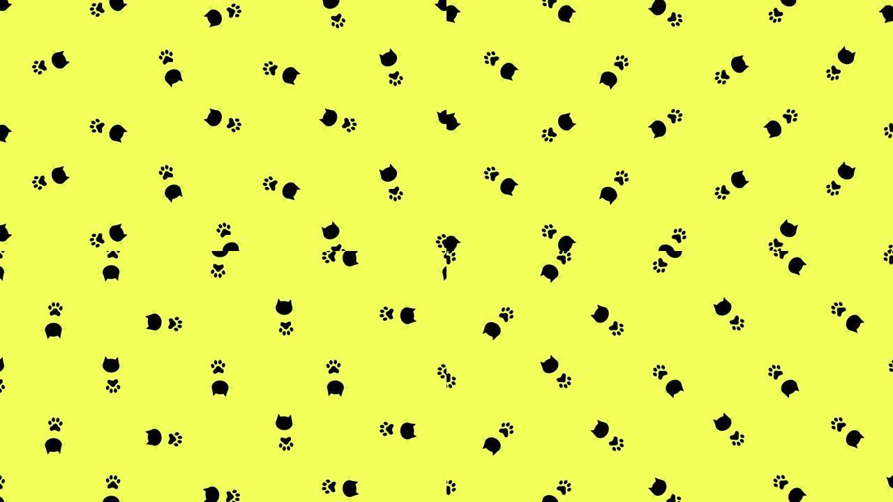 黄色背景上黑色猫头和爪子的彩色图案。猫爪和脸无缝图案。动物轮廓。4k视频运动