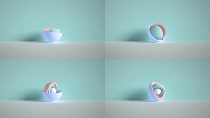 3d最小运动设计，球隐藏在彩色半球内，层开放。简单的几何物体，孤立在蓝色背景上的原始形状。现场形象，