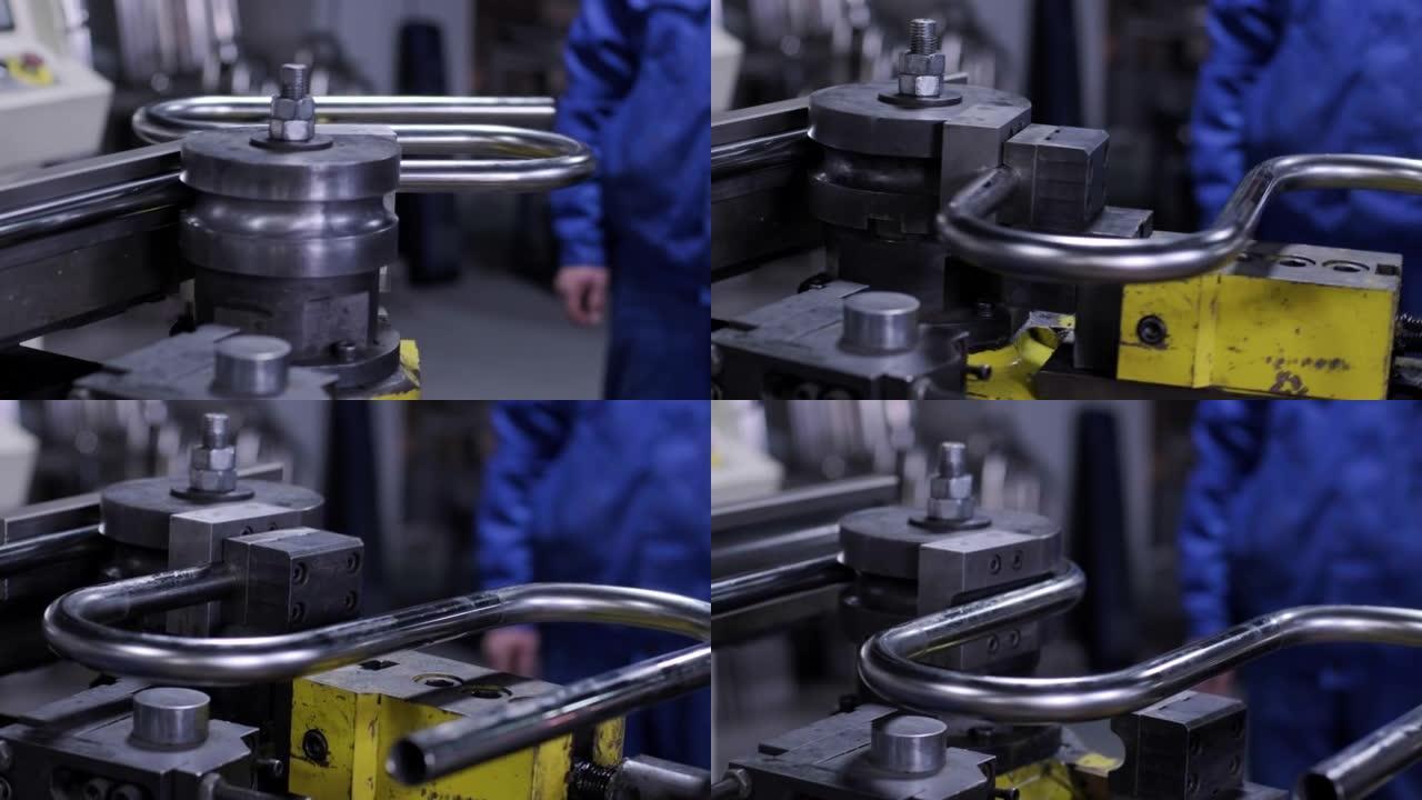 工业弯管机设备，用于工厂的金属管弯曲。制造厂工业大厅电子车削金属管冷弯自动金属加工机