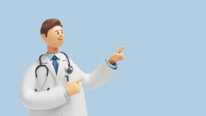 3d动画。医生卡通人物戴着听诊器，向上指向，孤立在蓝色背景上。专业咨询。医学概念