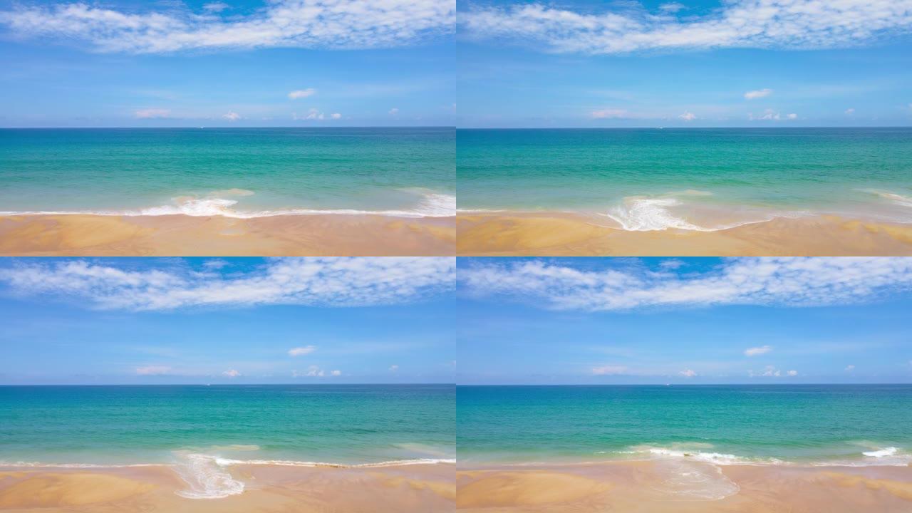 普吉岛海滩海自然视频。景观场景夏季海滩海沙，海滩海域。在泰国普吉岛卡隆海滩。