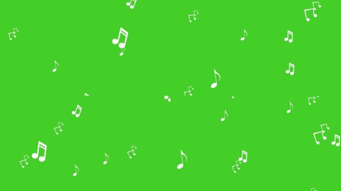 动画白色音符从下到上飞来飞去。音乐、歌曲、旋律的概念。绿屏