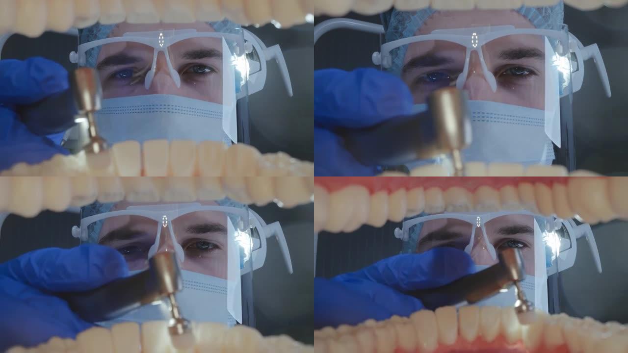 从牙科医生张口观察保护性制服用水喷洒患者牙齿
