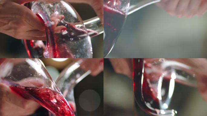 侍酒师将红酒从瓶中倒入水器中。玻璃瓶中葡萄酒混合过程的特写镜头。葡萄酒的制备工艺。在慢动作的红氦电影