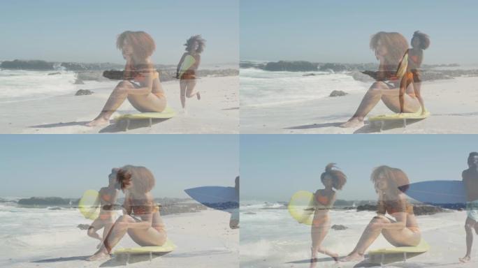 海滩上混血儿女冲浪者对女冲浪者的动画