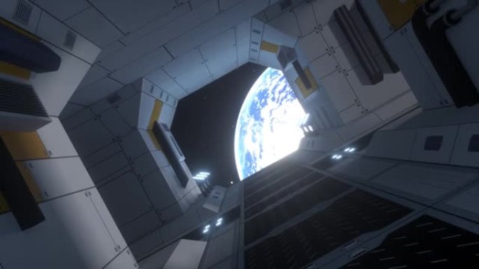飞船走廊。未来宇宙飞船的内部。地球的景色