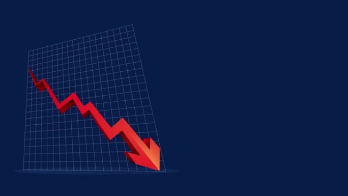 向下箭头动画图标。经济简单移动箭头股票视频-动画画面显示波动下降趋势，向下红色箭头图表股票视频在深蓝