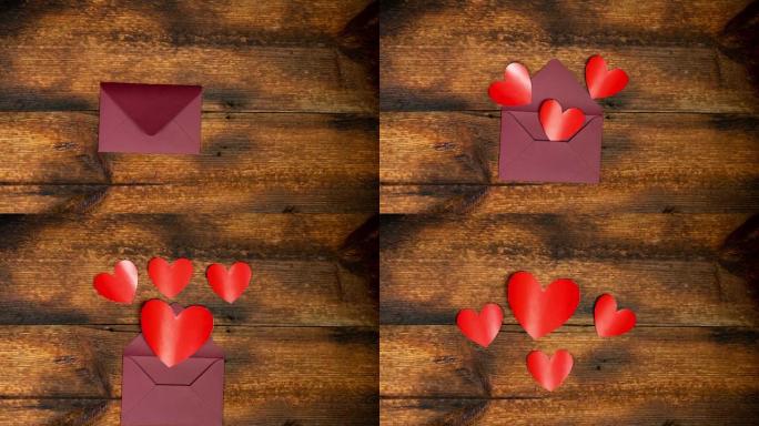 情人节。心从信封里飞出来。红心作为爱的象征。停止动作。